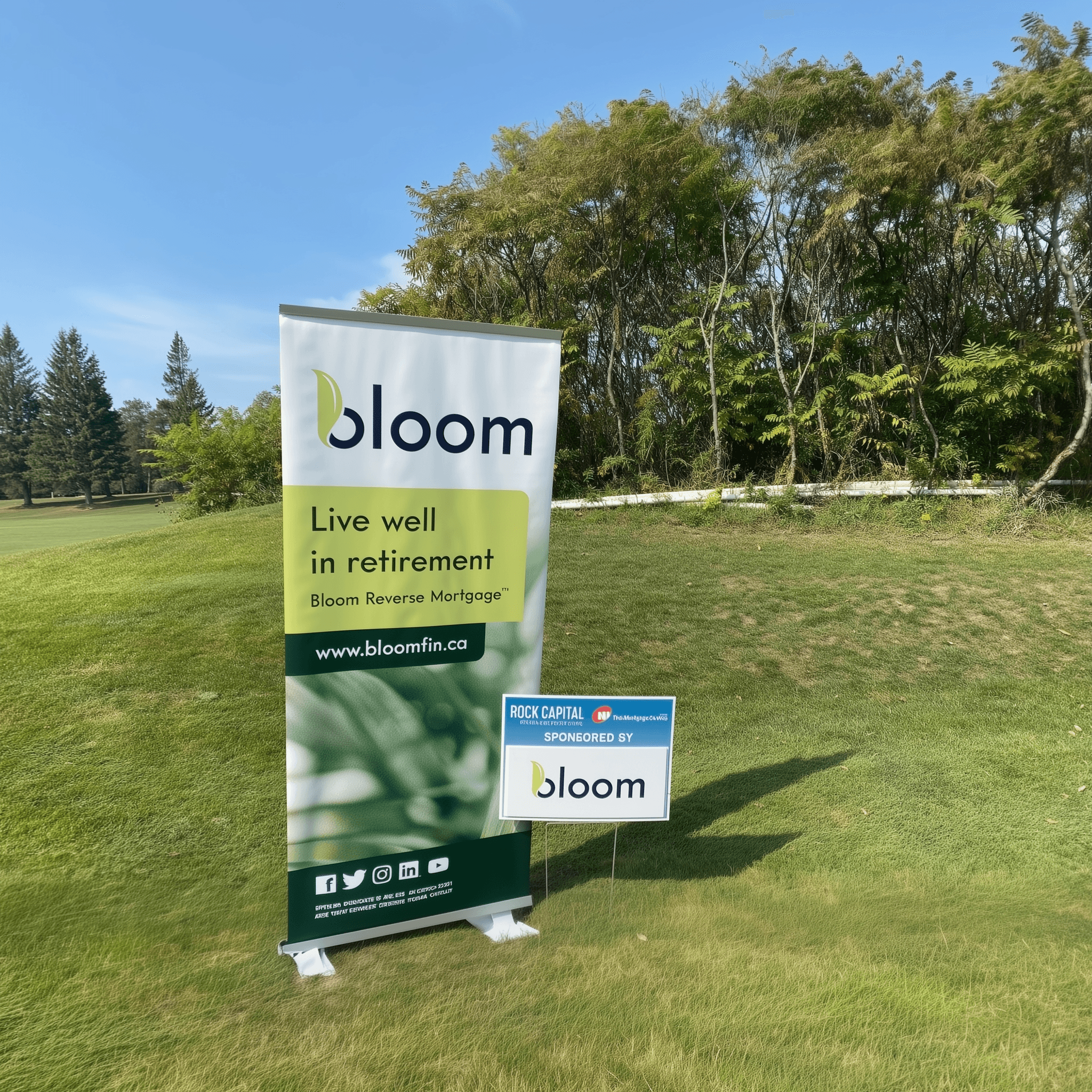 Bloom Reverse Mortgage banner at a golf event