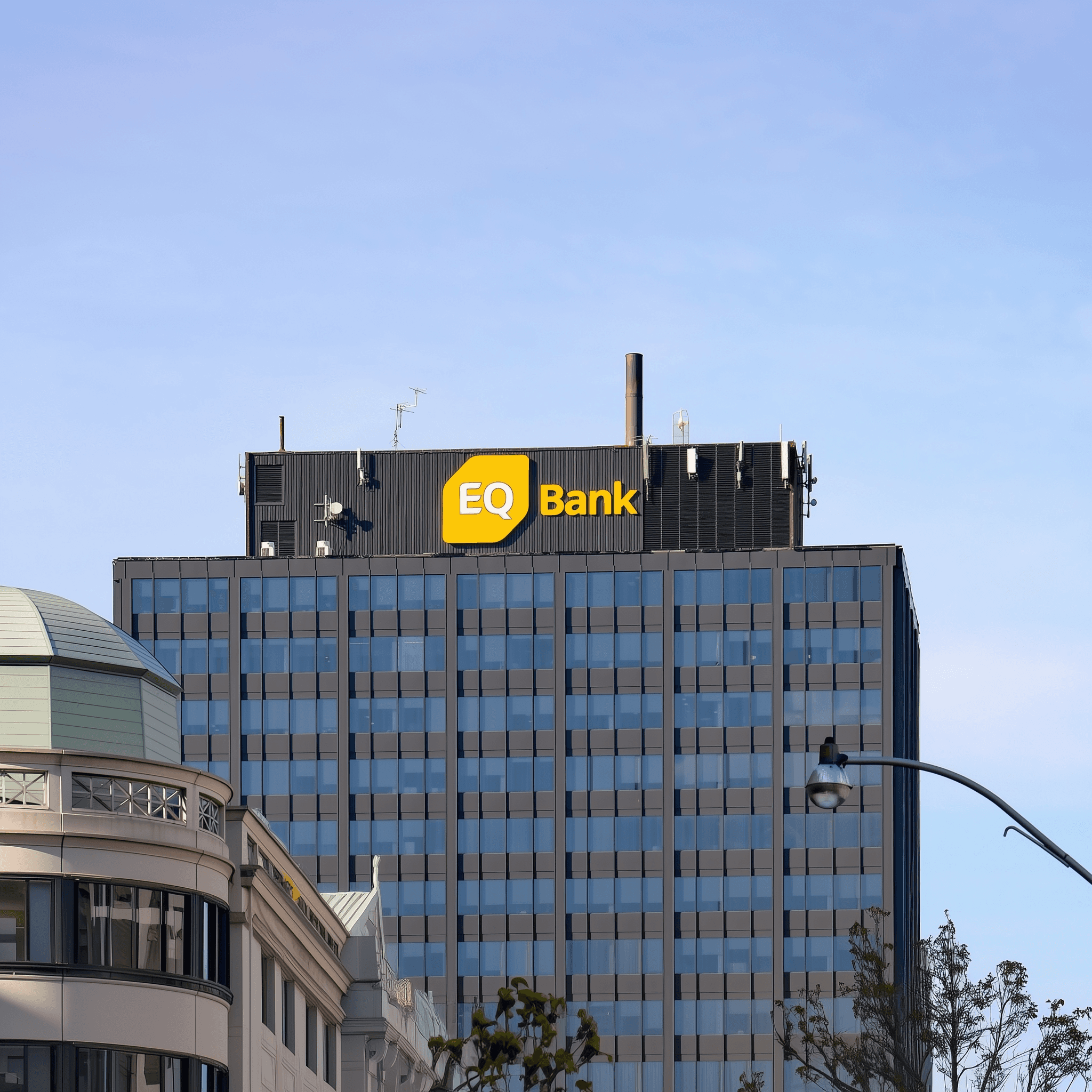 EQ Bank signage on an office tower
